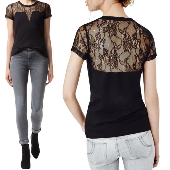 MAJE Paris Black Lace Inset Sheer Tee Shirt Top Short Sleeve Sexy 1 S Whimsigoth - Picture 2 of 12